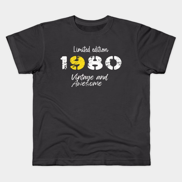 Born in 1980 Birthyear Gift, 1980 Awesome accessories for Birthday, 42nd Birthday Kids T-Shirt by Nocrayons